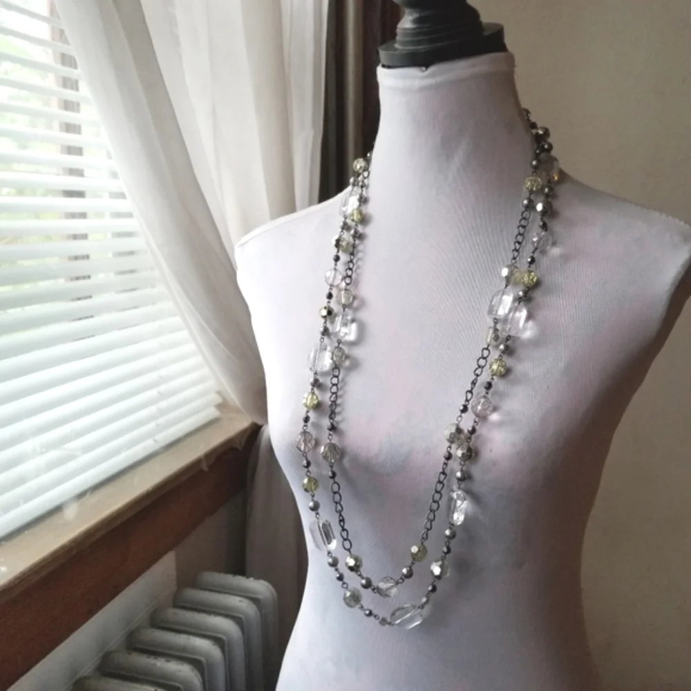 Long chunky necklace two strand dark silver tone